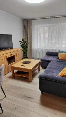 a living room with a couch and a coffee table at Adelės apartamentai in Druskininkai