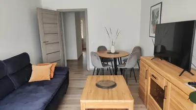 a living room with a couch and a tv and a table at Adelės apartamentai in Druskininkai