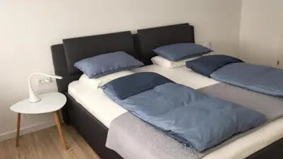 two twin beds with blue pillows in a room at City center apartment in Alytus