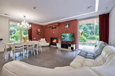 a living room with a couch and a table and a fireplace at Luxury villas Kaunas in Šlienava