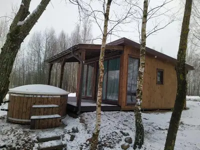 a log cabin in the woods in the snow at Riešutynė in Gražuliai