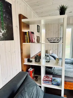 a room with a bed and a book shelf at Riešutynė in Gražuliai