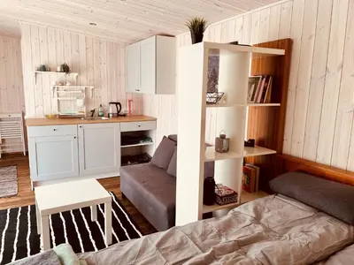 a living room with a bed and a kitchen at Riešutynė in Gražuliai