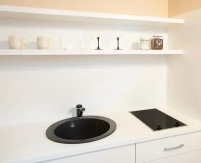 a black sink in a white kitchen with shelves at Apartment in Garage with free parking in Kaunas