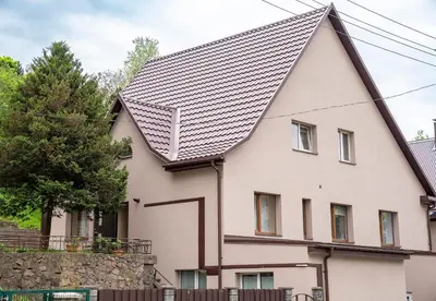 a house with a metal roof at Apartment in Garage with free parking in Kaunas