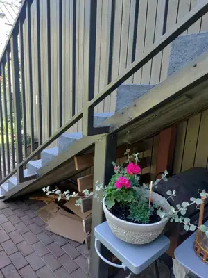 a pot of flowers sitting on a chair under a staircase at Žvėrynas Workation apartments in Vilnius