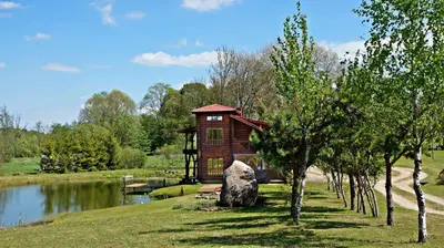 a tree house in a park next to a lake at Laukupės sodyba in Rokiškis