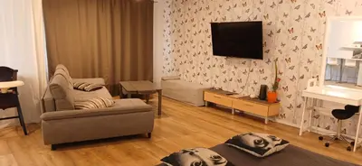 a living room with a couch and a television on a wall at Elite Flats Two bedroom in Utena