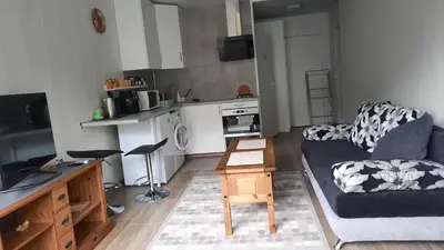 a living room with a couch and a table at Elite Flats One bedroom in Utena