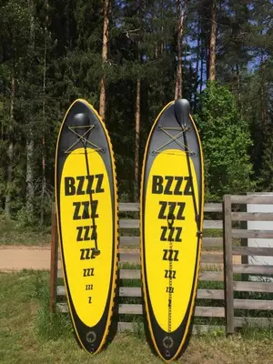 two yellow and black surfboards are attached to a fence at ForrestVila in Karačiūnai