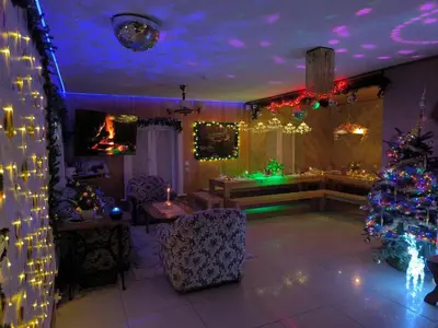a living room with a christmas tree and lights at Sodyba Ciciriai in Vėdariai