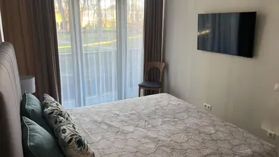 a bedroom with a bed and a tv and a window at Blue Peony in Druskininkai