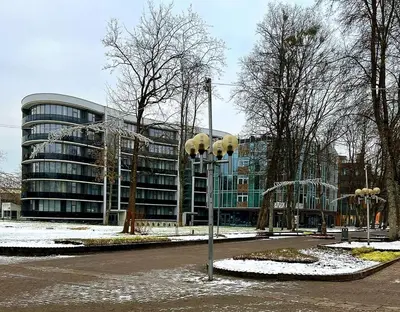 a street light in front of a building at Blue Peony in Druskininkai