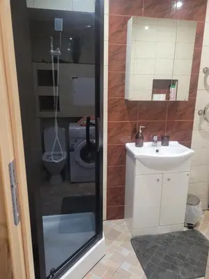 a bathroom with a sink and a toilet at Maironio Apartamentai in Radviliškis