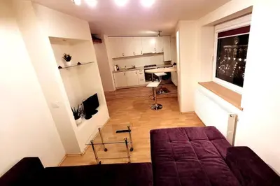 a small room with a bed and a kitchen at Laisves Apartment Kaunas in Kaunas