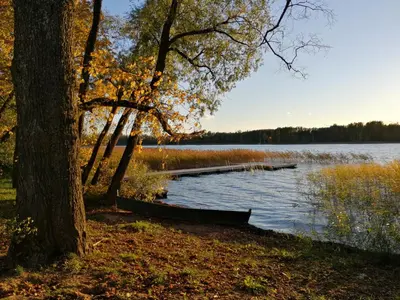 a boat sitting on the shore of a lake at Palaima Hotel Anykščiai in Anykščiai