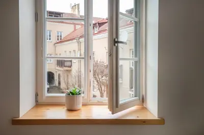 an open window with a potted plant on a wooden window sill at Pilies Street Exclusive Apartment by Reside Baltic in Vilnius