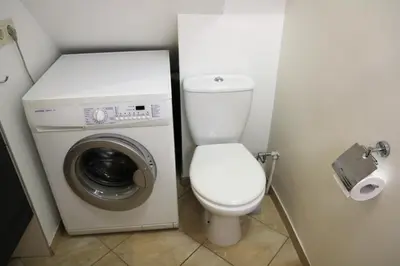 a small bathroom with a toilet and a washing machine at Cozy apartment in Jeruzalė in Vilnius