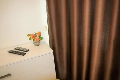 a curtain next to a dresser with a vase on it at Cozy apartment in Jeruzalė in Vilnius