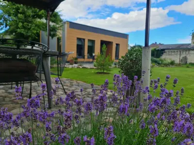 a garden with purple flowers in front of a building at Sipis House in Šiauliai