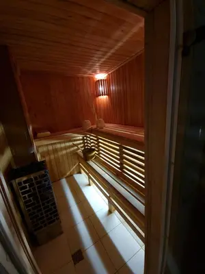an inside view of a sauna with a bench at Sipis House in Šiauliai