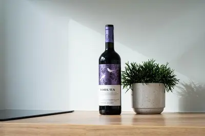 a bottle of wine sitting next to a plant at Čia gera studio in Anykščiai