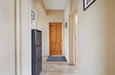 a hallway with a television and a wooden door at Kauko Laiptu Apartment in Kaunas