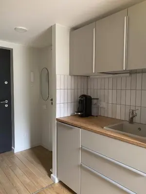 a kitchen with white cabinets and a sink at Vilnius Cozy Loft in Vilnius