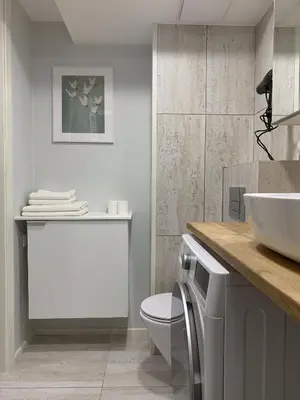 a bathroom with a white toilet and a sink at Vilnius Cozy Loft in Vilnius
