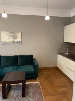 a living room with a green couch and a table at Cathedral Apartments in Kaunas