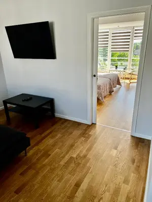 a room with a bed and a table and a television at Vilniaus 96 apartments in Ukmergė