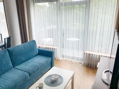 a blue couch in a living room with a large window at Park Apartments in Druskininkai
