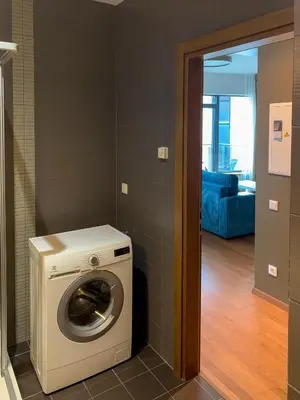 a washer and dryer in a living room at Park Apartments in Druskininkai