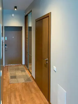 a hallway with two doors and a wooden floor at Park Apartments in Druskininkai