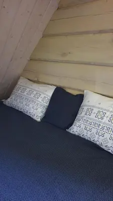 a bed with two pillows and a tie on it at Amatų kalnelis in Anykščiai