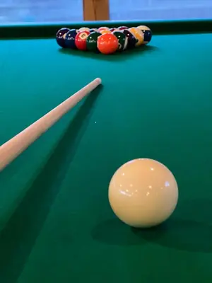 a cue ball and a cue stick on a pool table at Vila Strėva in Kozelkiskes