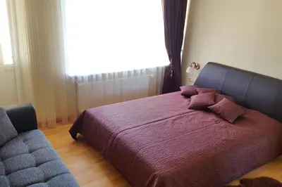 a bedroom with a large bed and a couch at Cozy apartments in Druskininkai with panorama view in Druskininkai