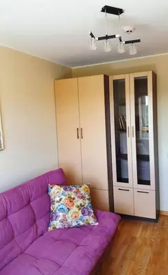 a purple couch with a pillow in a living room at Cozy apartments in Druskininkai with panorama view in Druskininkai