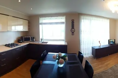 a kitchen with a table and chairs in a kitchen at Cozy apartments in Druskininkai with panorama view in Druskininkai