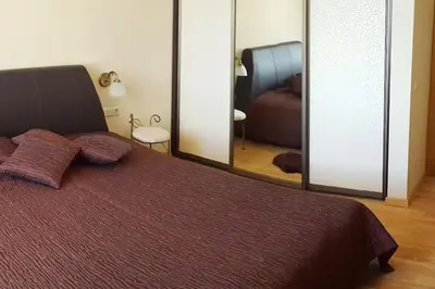 a bedroom with a bed with two pillows and a mirror at Cozy apartments in Druskininkai with panorama view in Druskininkai