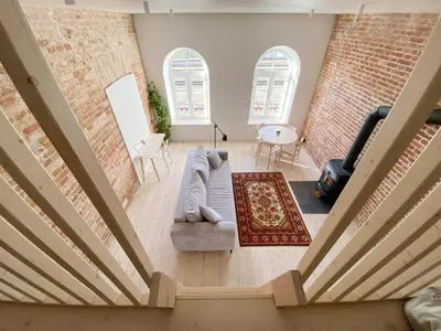 an aerial view of a living room with a couch at Traukinių namai #2 in Švenčionėliai
