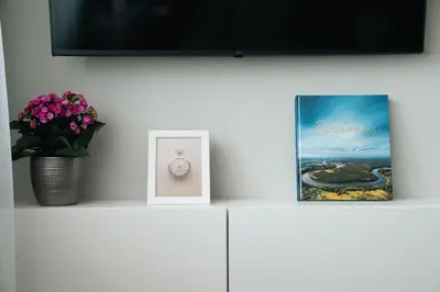 a white shelf with a clock and a vase of flowers at Grey Green Cozy Apartment in Birštonas