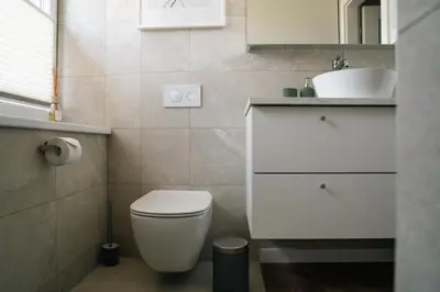 a bathroom with a white toilet and a sink at Grey Green Cozy Apartment in Birštonas