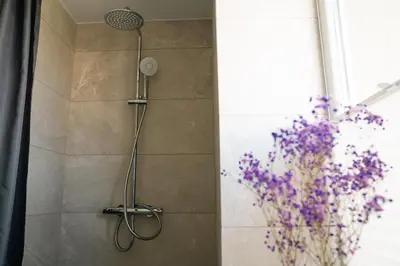 a shower with a shower head in a bathroom at Grey Green Cozy Apartment in Birštonas