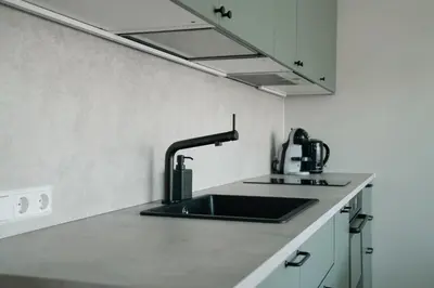 a kitchen with a sink and aaucet at Grey Green Cozy Apartment in Birštonas