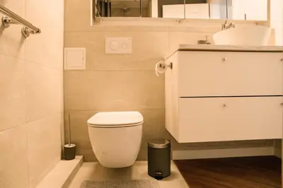 a bathroom with a white toilet and a sink at Grey Green Studio Apartment in Birštonas