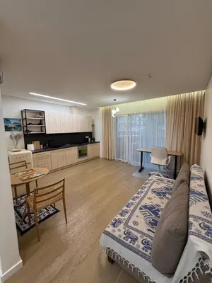 a living room with a couch and a table at Birstonas Holidays Apartment in Birštonas