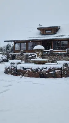 a snow covered house with a fountain in a yard at Viesu vila Trakai ,su ežero pakrante in Meiluškės