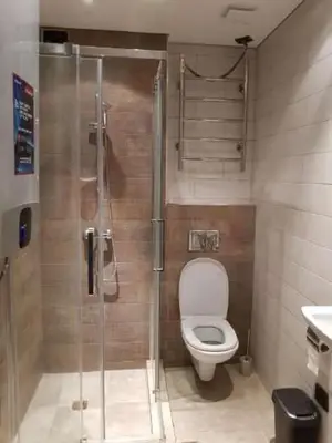 a bathroom with a toilet and a glass shower at Viesu vila Trakai ,su ežero pakrante in Meiluškės
