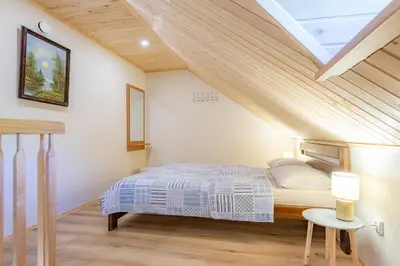 a bedroom with a bed in a attic at Senamiesčio apartamentai in Druskininkai